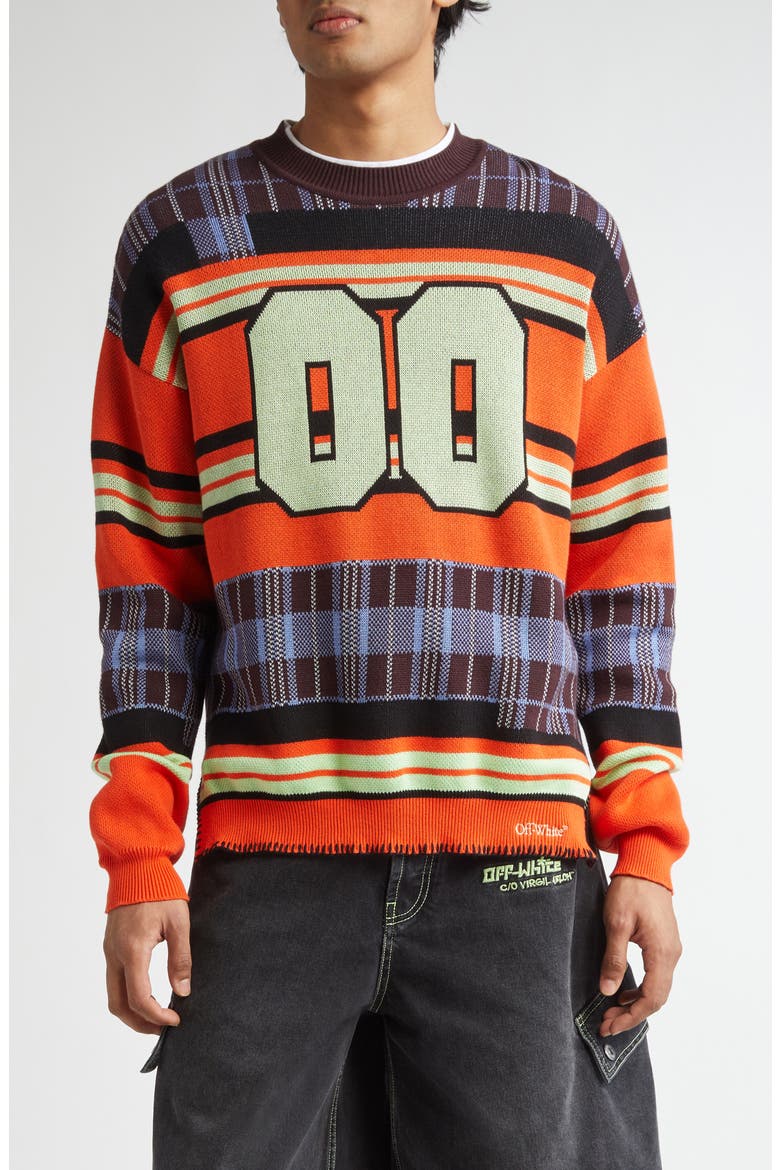 00 Check Stripe Crewneck Cotton Sweater, Main, color, SPICY ORANGE