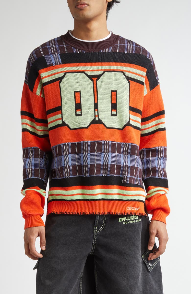 Off-White 00 Check Stripe Crewneck Cotton Sweater, Main, color, 