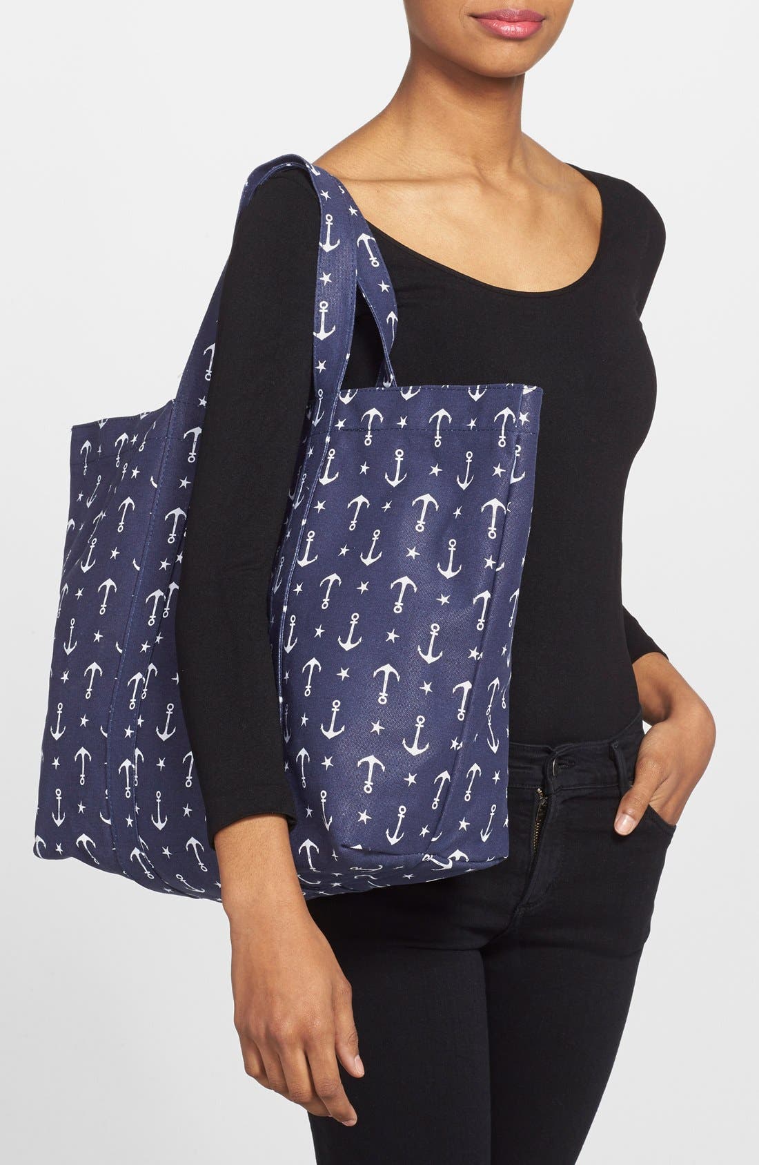Anchor Print Beach Bag, Alternate, color, NAVY/ WHITE