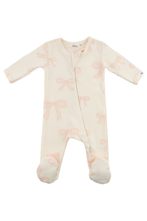 Velour Stitching Ivory & Pink Footie & Bonnet Velour Stitching Ivory & Pink Footie & Bonnet