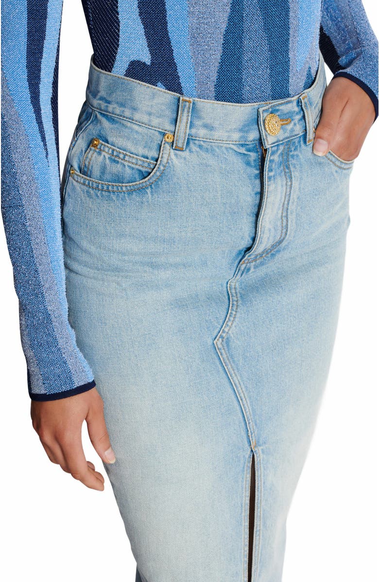 Balmain Denim Midi Skirt, Alternate, color, Blue