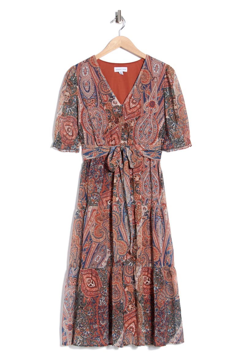 Paisley Tie Waist Midi Dress, Alternate, color, VINTAGE PAISLEY