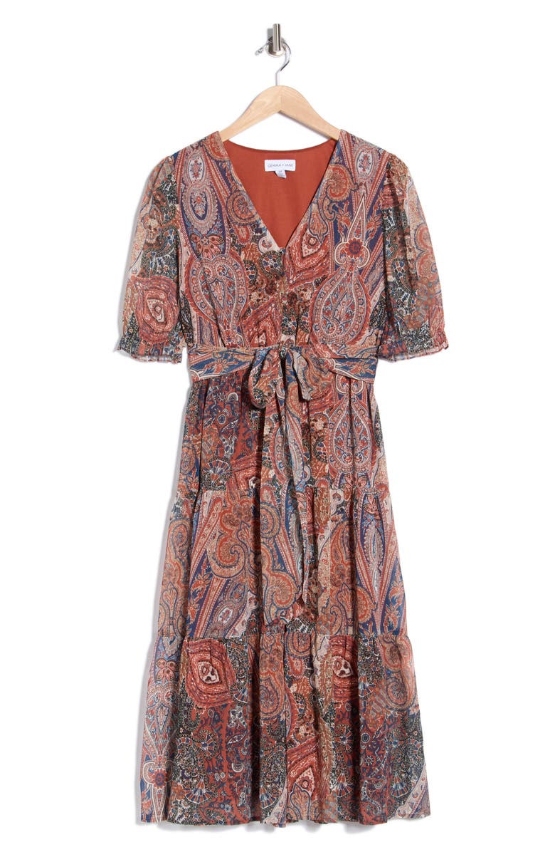 Gemma + Jane Paisley Tie Waist Midi Dress, Alternate, color, Vintage Paisley