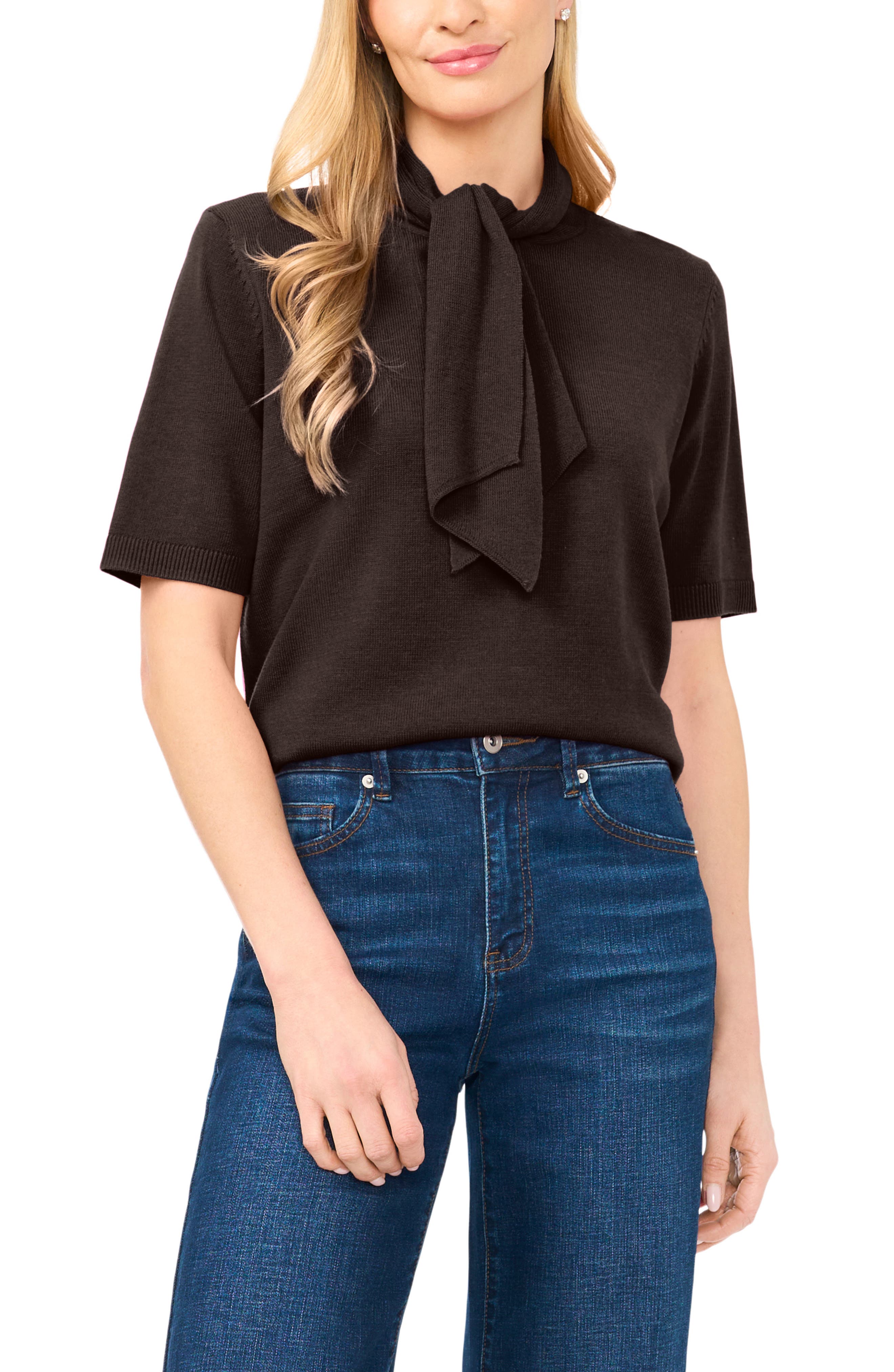 Tie Neck Short Sleeve Sweater - image 3