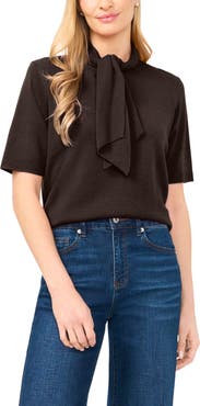 CeCe Tie Neck Short Sleeve Sweater