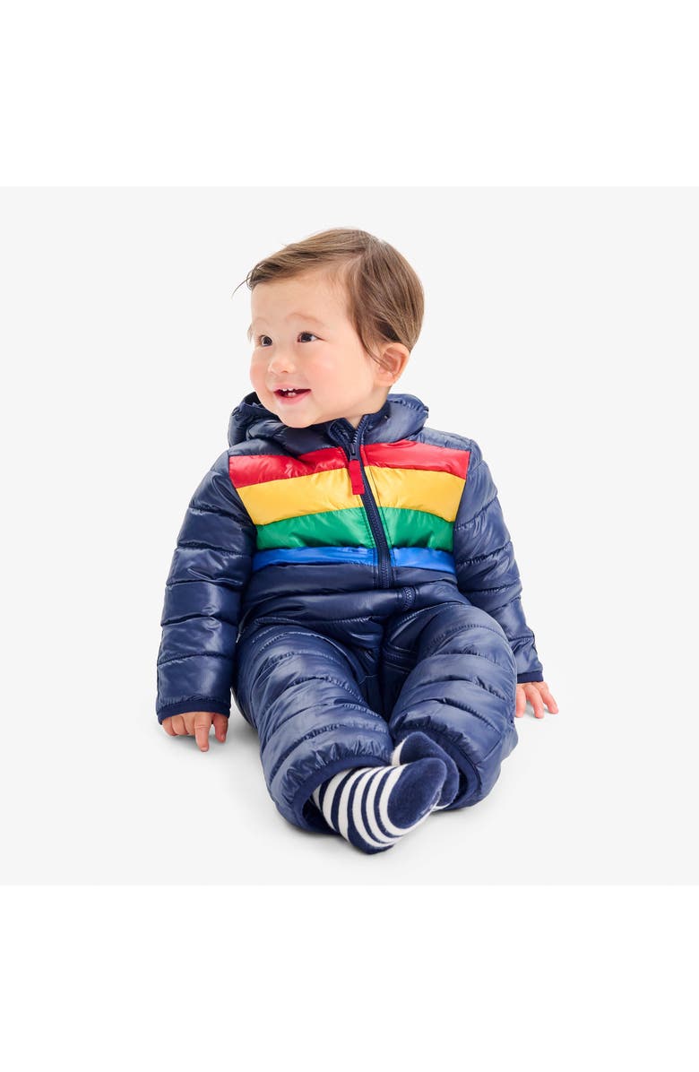 Primary Baby Lightweight Puffer Suit In Rainbow Stripe, Alternate, color, Navy Bold Rainbow