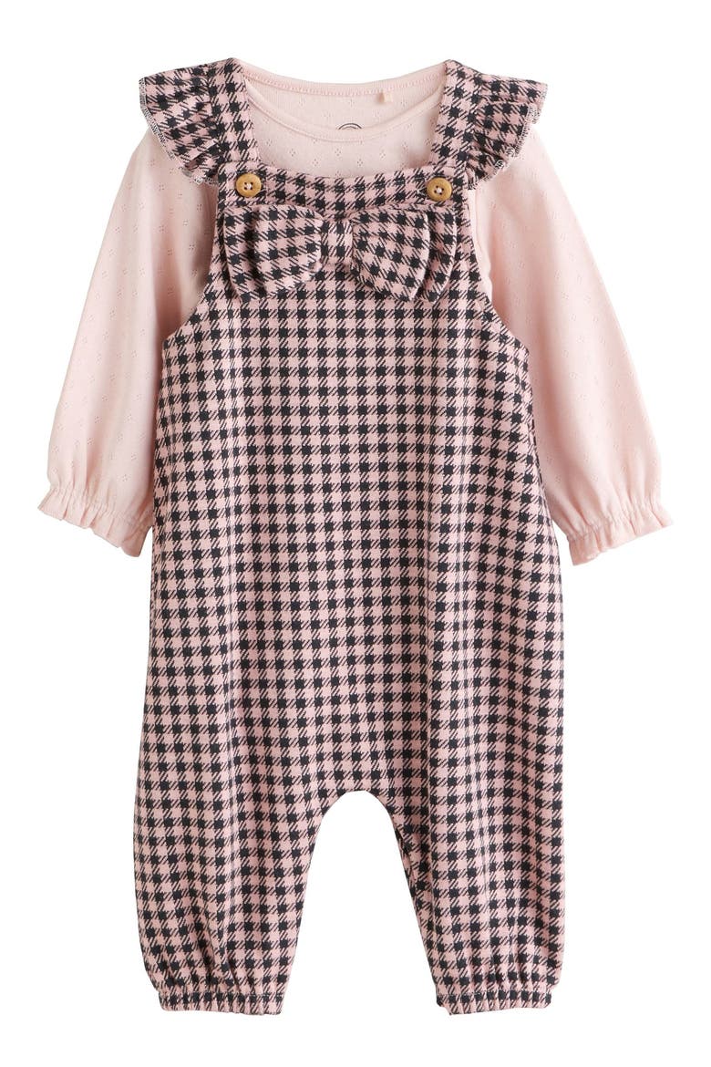 Pointelle Bodysuit & Bow Accent Check Overalls Set, Main, color, PINK