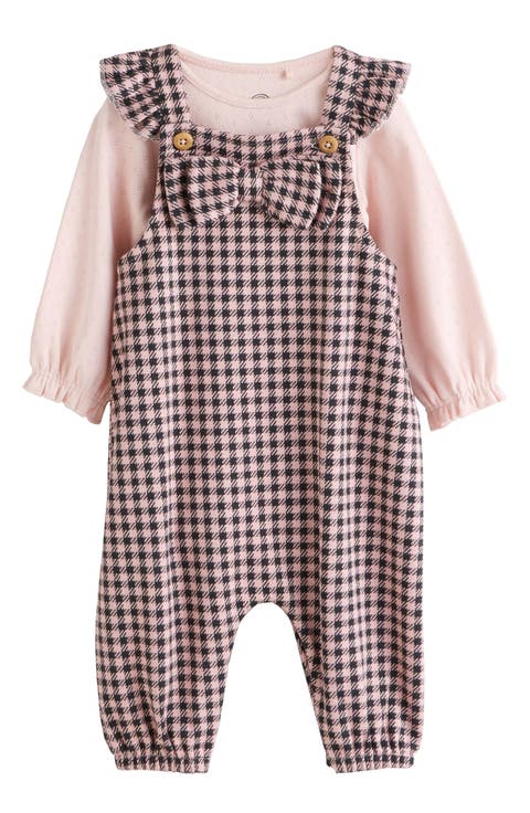 Pointelle Bodysuit & Bow Accent Check Overalls Set (Baby)