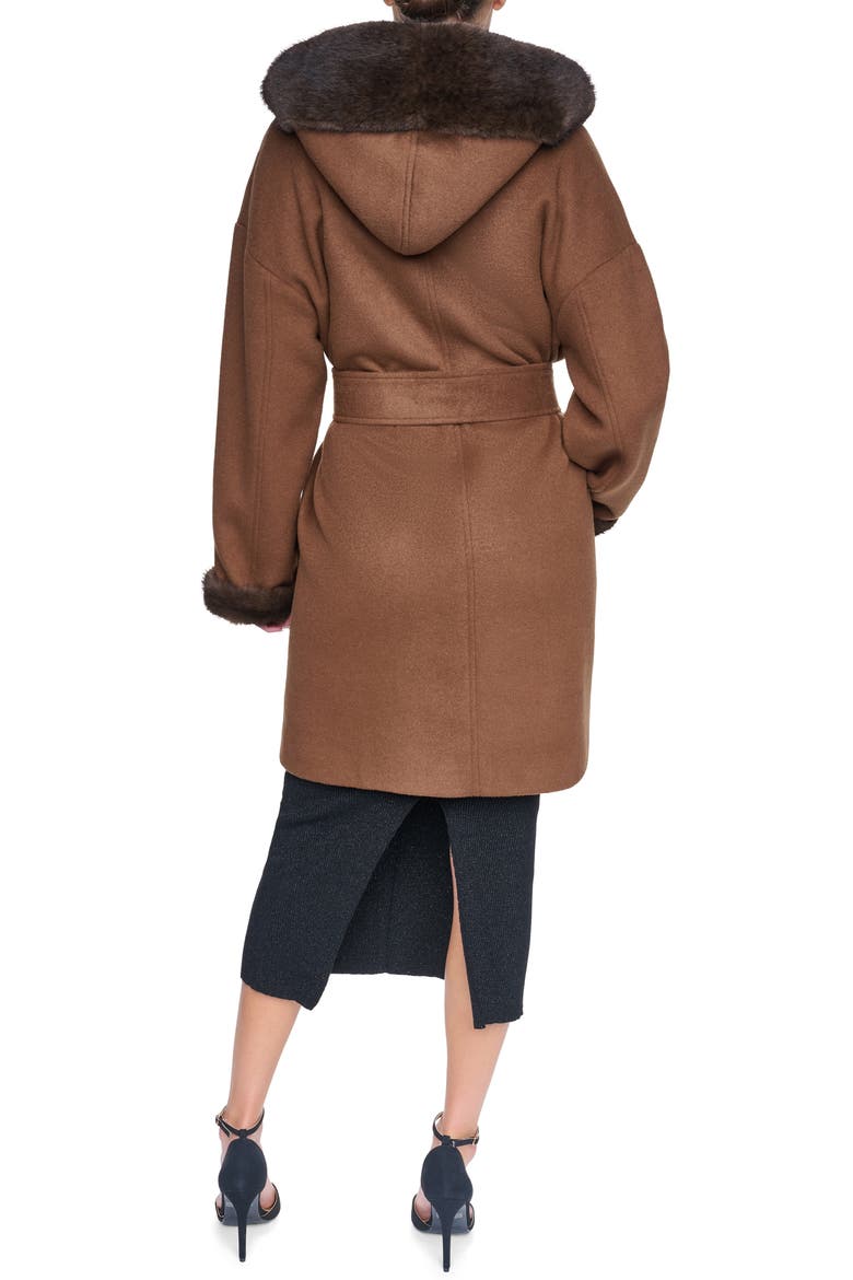 Faux Fur Trim Wool Blend Hooded Coat, Alternate, color, VICUNA