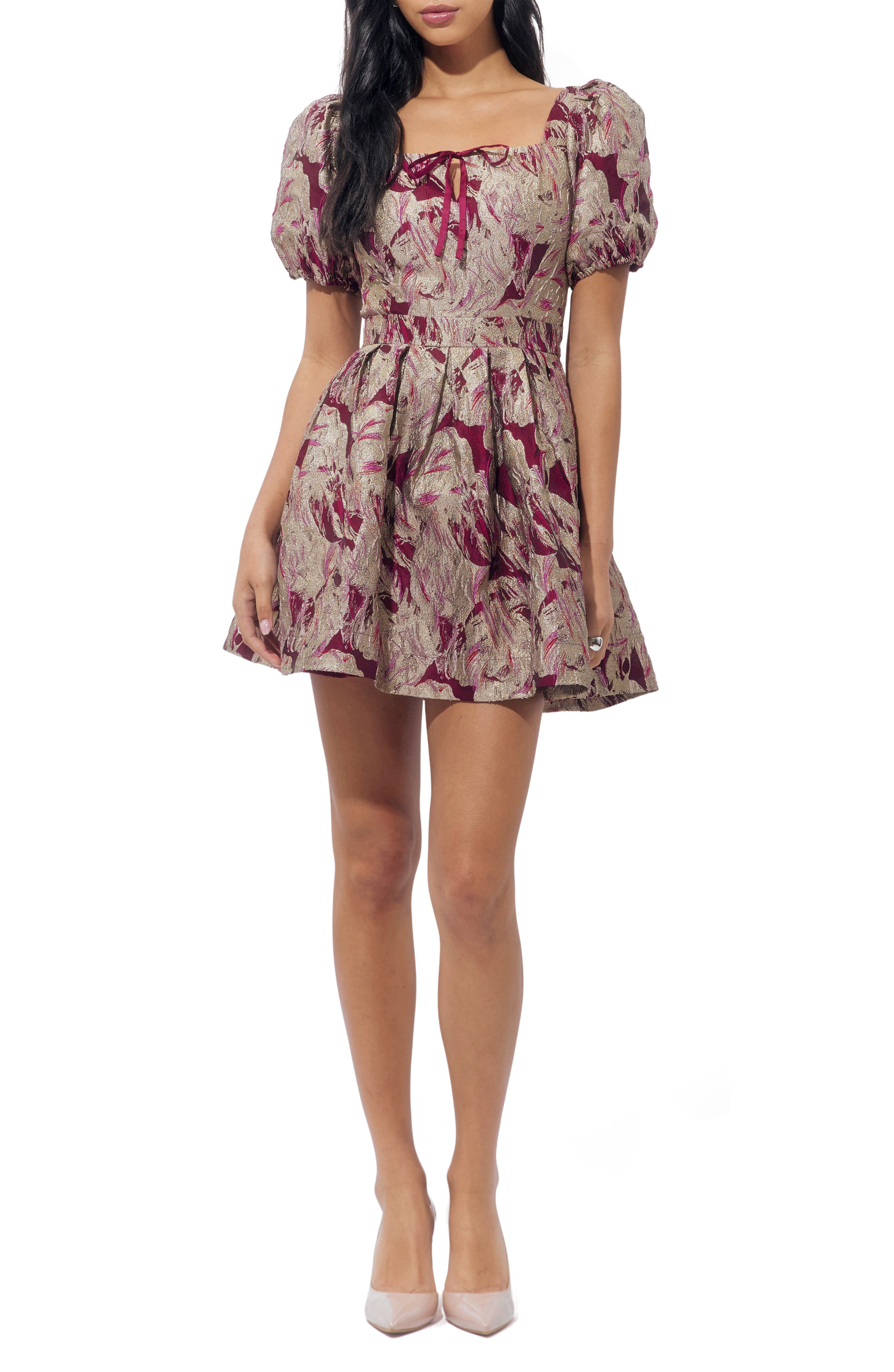 Astella Tie Back Puff Sleeve Jacquard Minidress