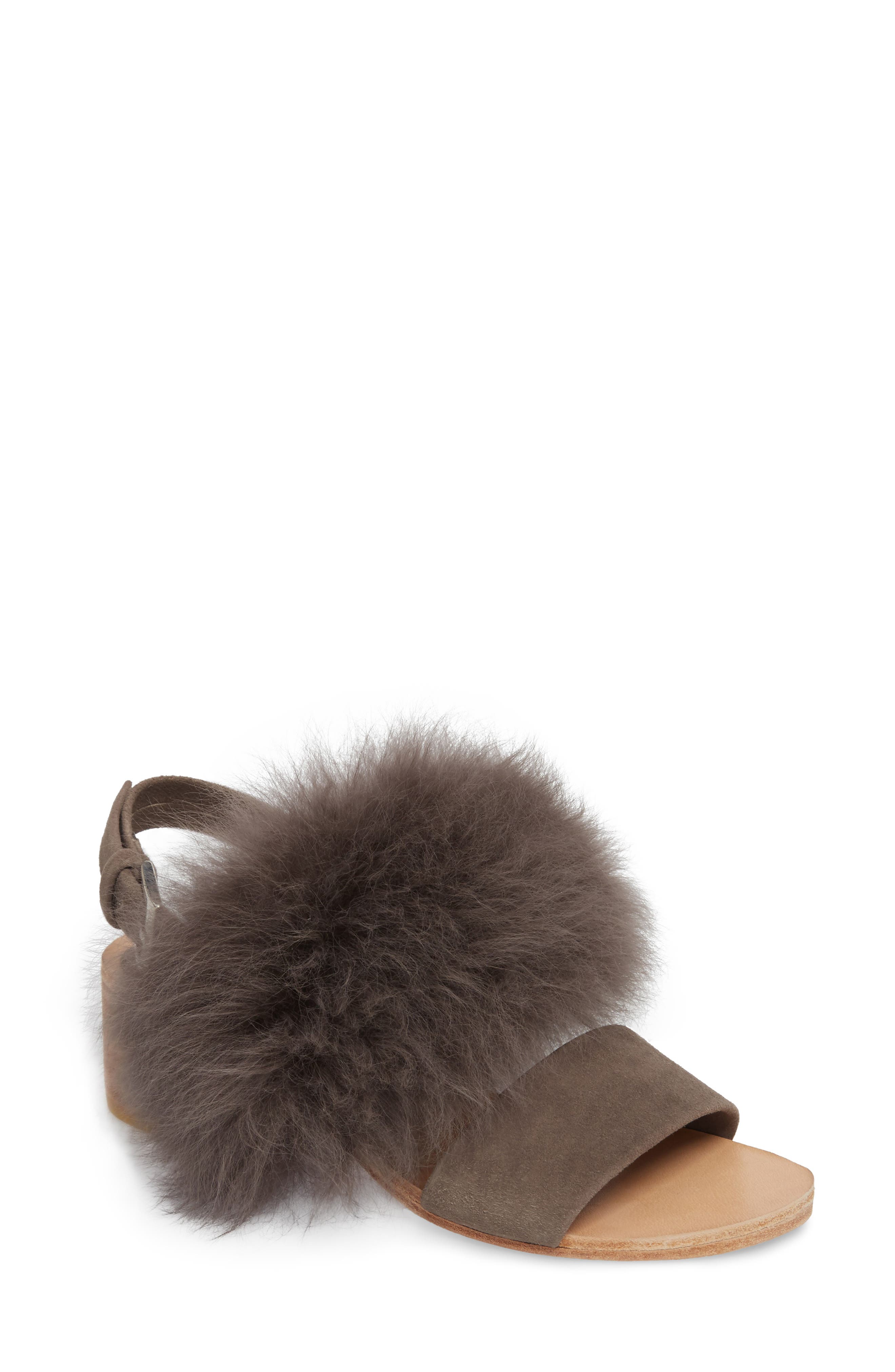 Clemence Genuine Alpaca Fur Sandal, Main, color, GREY SUEDE