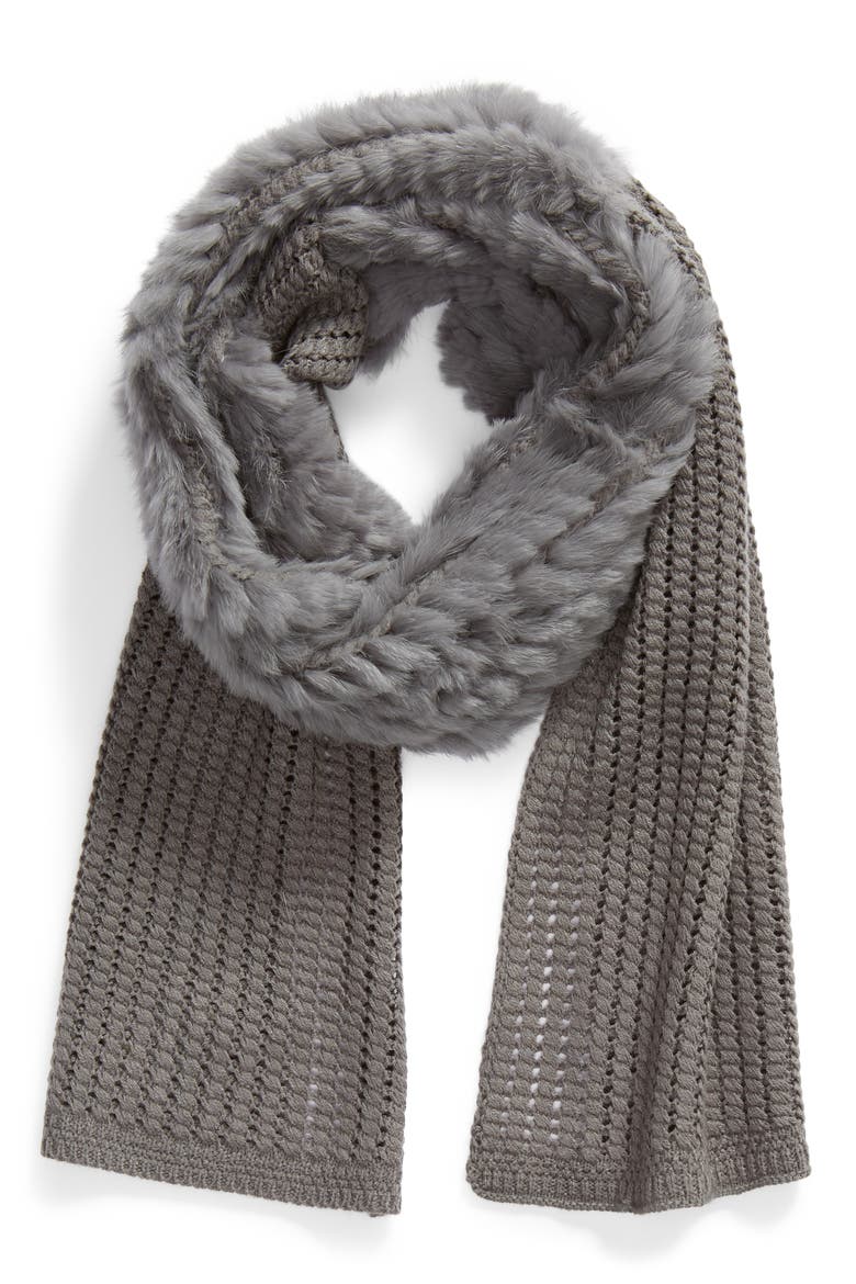 Genuine Rabbit Fur & Acrylic Knit Scarf, Alternate, color, GREY