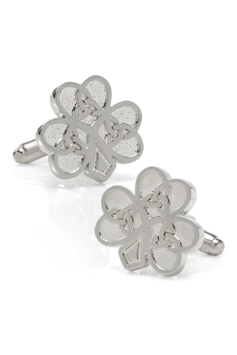 Celtic Knot Shamrock Cuff Links, Main, color, SILVER