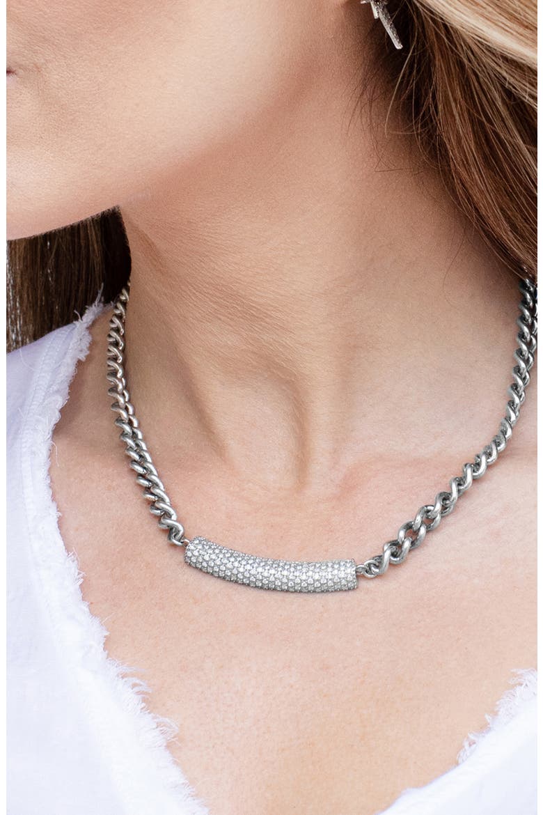 Black Diamond Bar On Curb Chain Necklace, Alternate, color, Sterling Silver