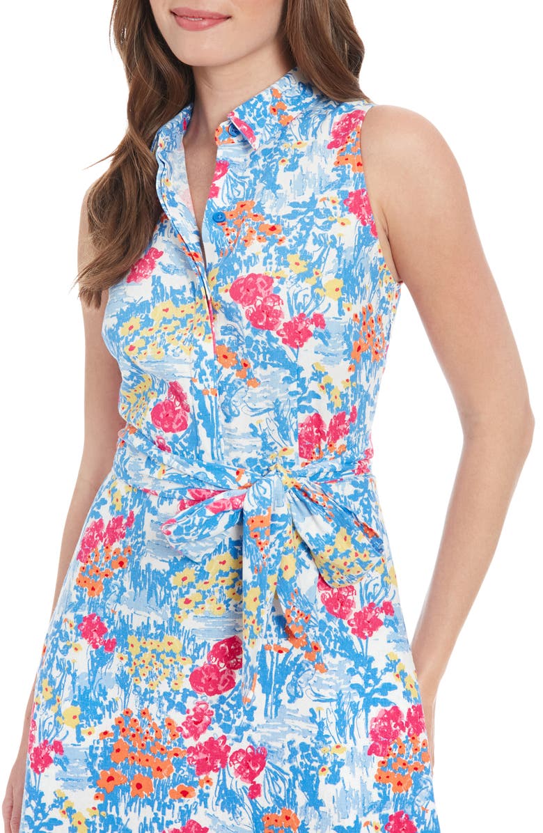 London Times Floral Sleeveless Linen Blend Midi Shirtdress, Alternate, color, Cream/ Cornflower Blue