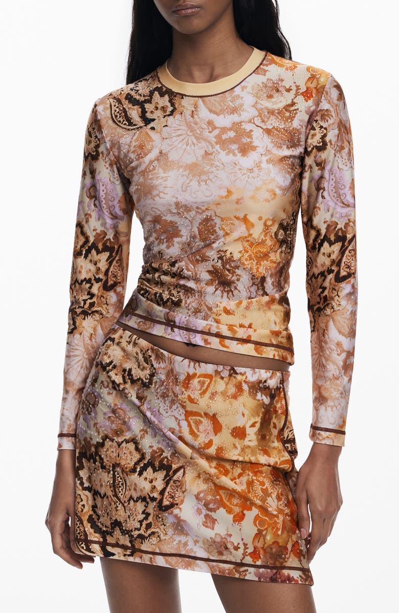 Desigual Printed Long Sleeve T-Shirt, Main, color, Terracotta