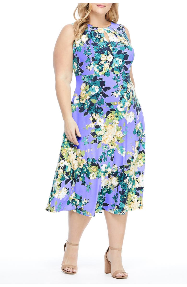 London Times Floral Pleated Neck Midi Dress, Alternate, color,