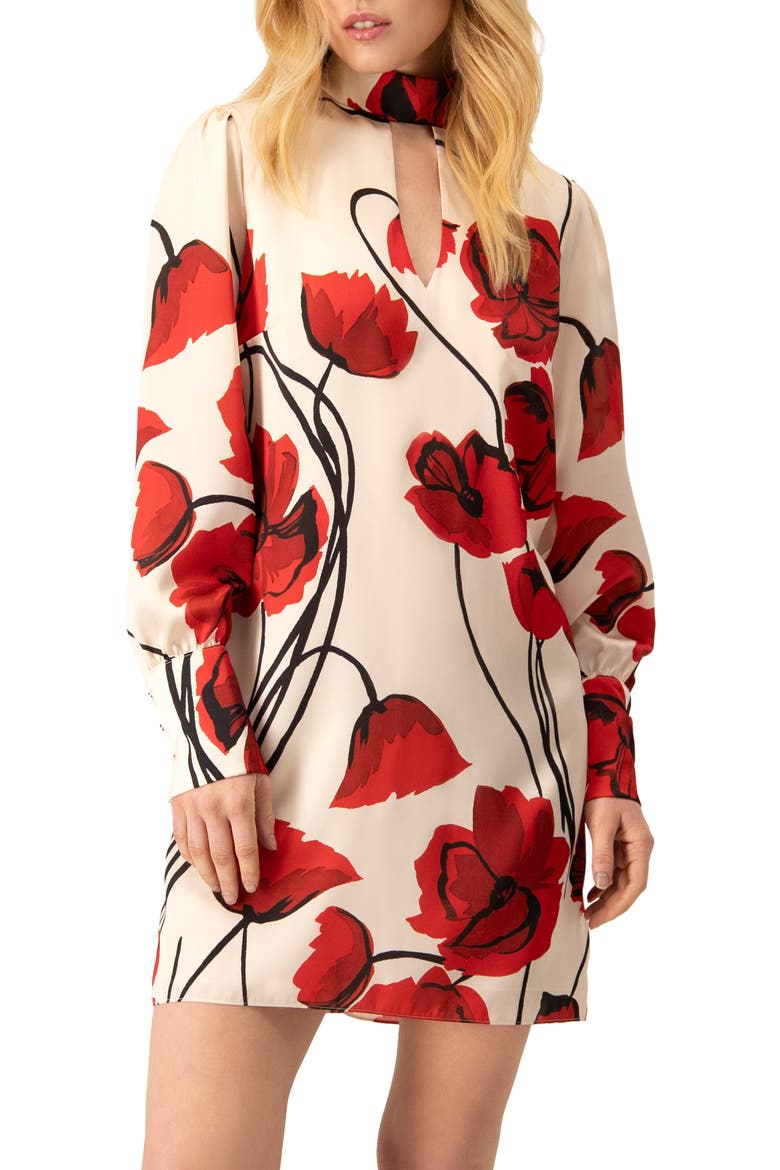 Floral Print Mini Dress with Mock Neck, Main, color, Ivory-Red