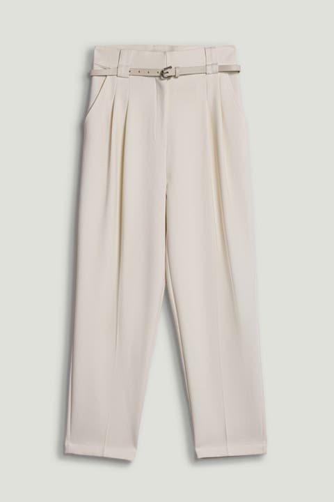 Belted Pleat Front Tapered Trousers