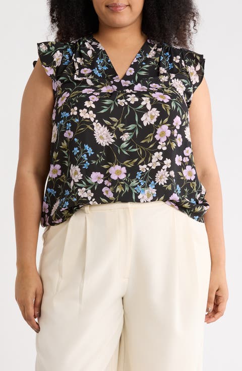 V-Neck Ruffle Sleeve Top (Plus)