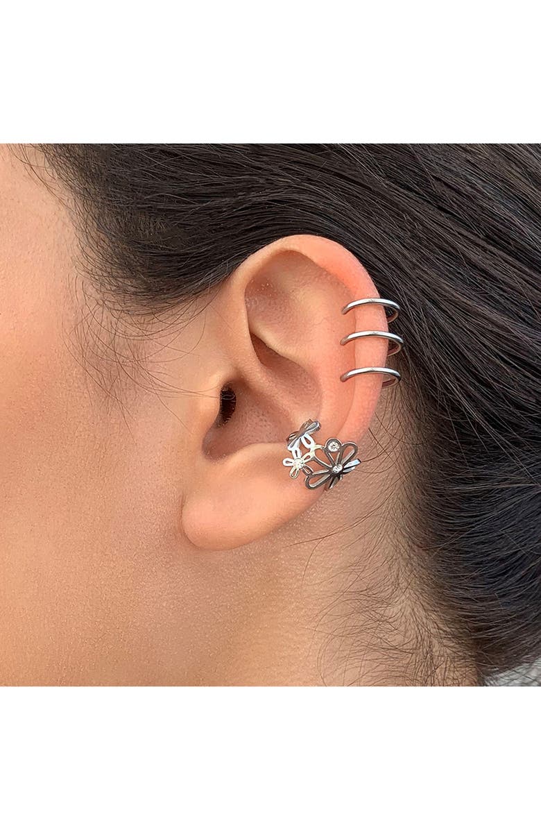 Sterling Forever Sterling Silver Bezel Set Cubic Zirconia Flower & Multi-Row Mismatched Ear Cuff Set - Set of 2, Alternate, color, Silver