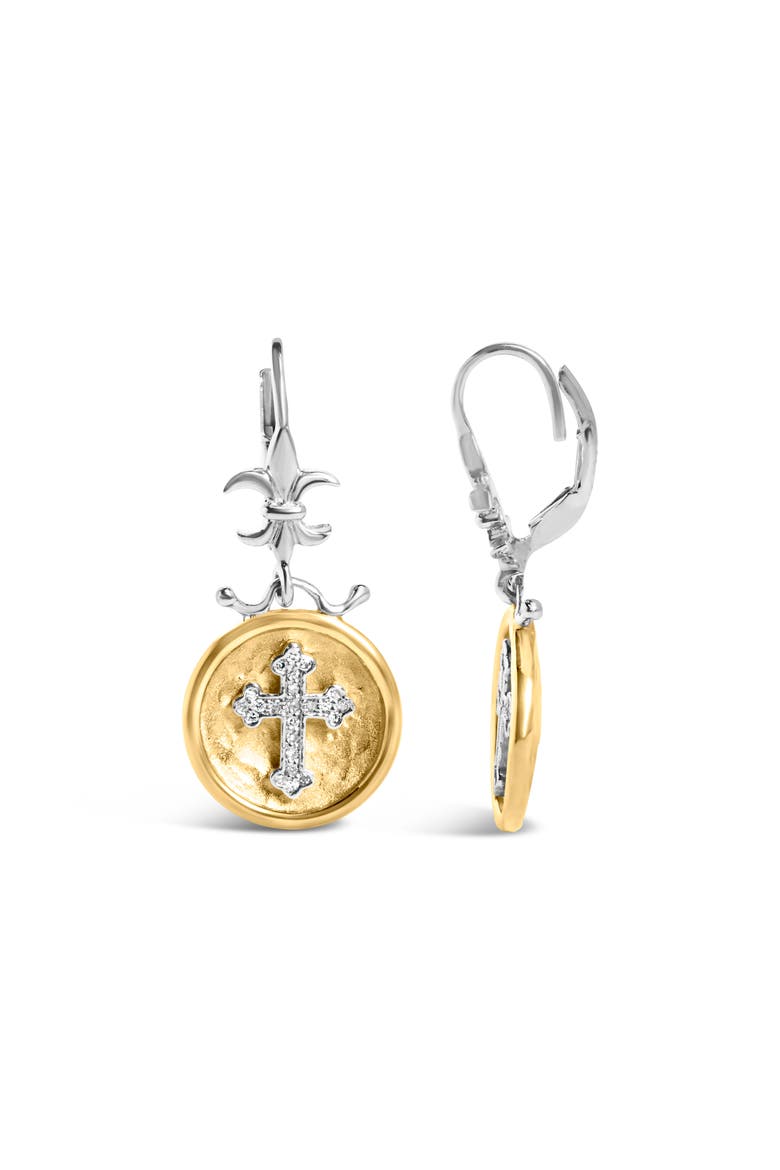 18K Yellow Gold Plated Silver 1/8 Ct Diamond Medallion Cross Dangle Earrings, Alternate, color, Yellow