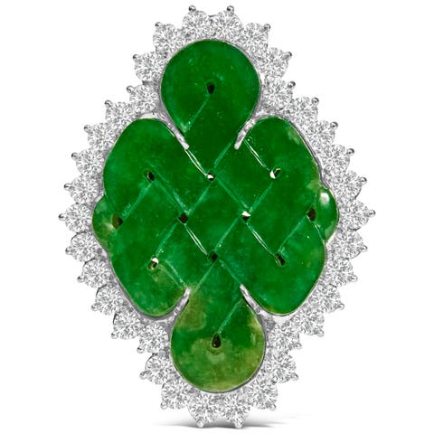 18K White Gold 2.00 Cttw Diamond Halo and Jade Shield Brooch Pin and Pendant