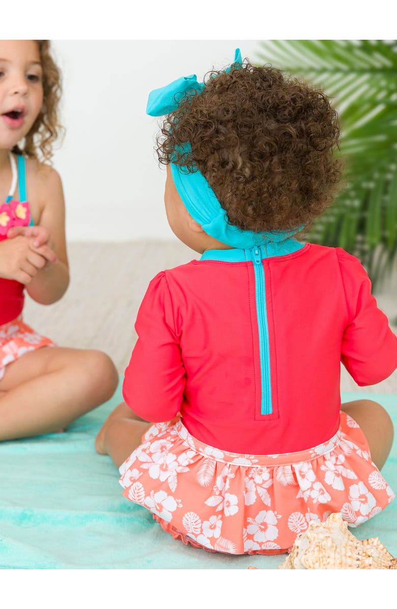 RuffleButts Baby Girls UPF50+ Sun Protected Long Sleeve Flower Skirted One Piece, Alternate, color, Island Princess