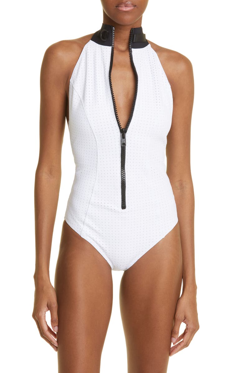 Lisa Marie Fernandez Mock Neck Zip-Up One-Piece Swimsuit, Main, color, 