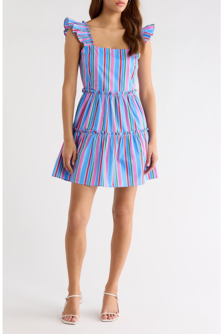 Jaimie Stripe Ruffle Tiered Minidress, Main, color, PINK-BLUE-GREEN