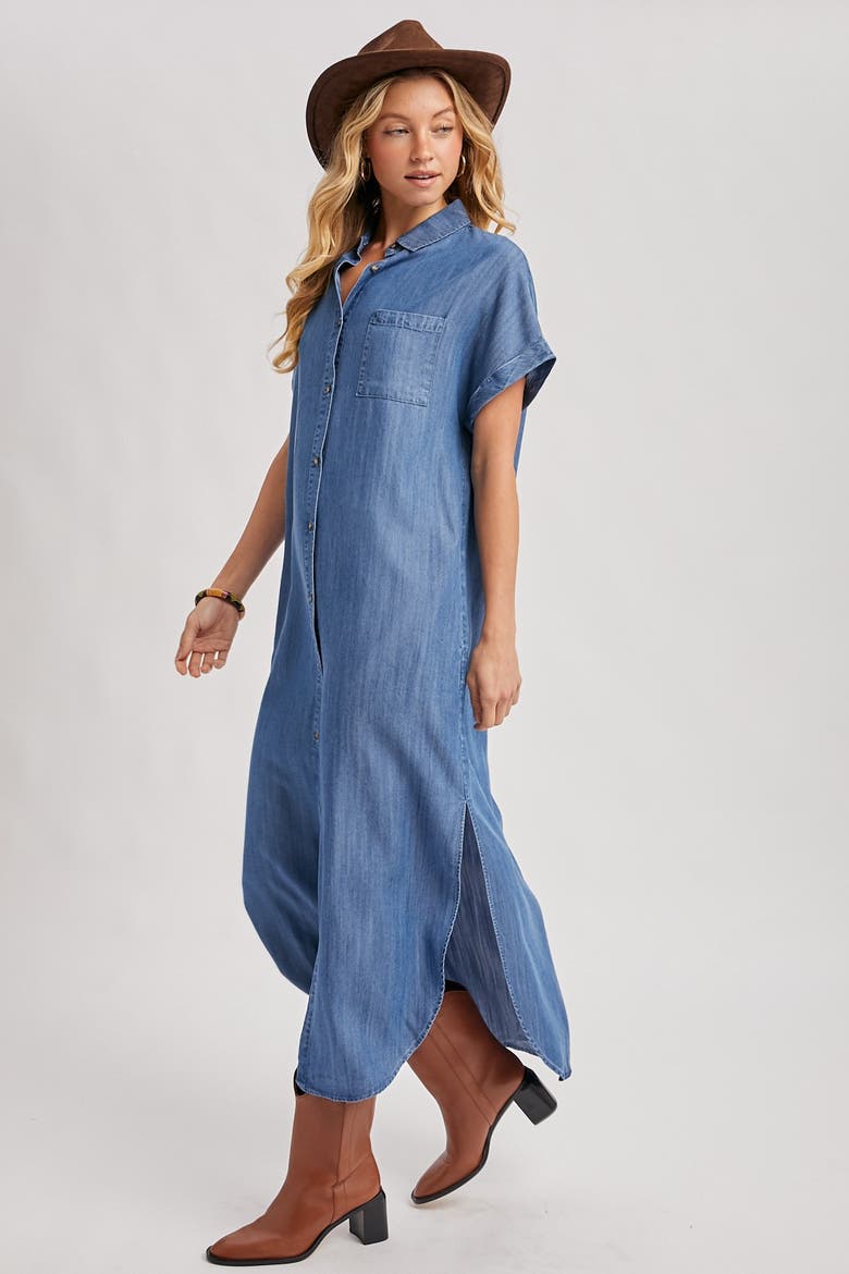 Chambray Button Down Shirt Dress, Main, color, Blue