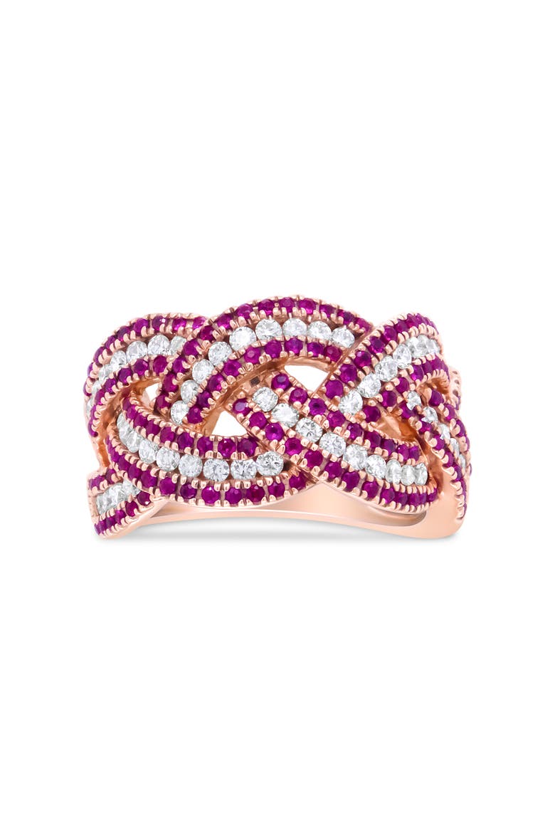 18K Rose Gold Red Ruby and 7/8 Cttw Diamond Woven Braided Band Ring, Main, color, Pink