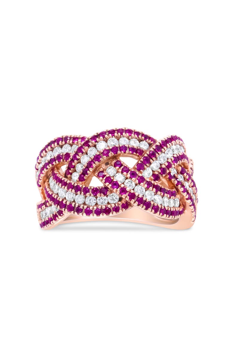 Haus of Brilliance 18K Rose Gold Red Ruby and 7/8 Cttw Diamond Woven Braided Band Ring, Main, color, Pink