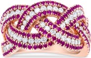Haus of Brilliance 18K Rose Gold Red Ruby and 7/8 Cttw Diamond Woven Braided Band Ring