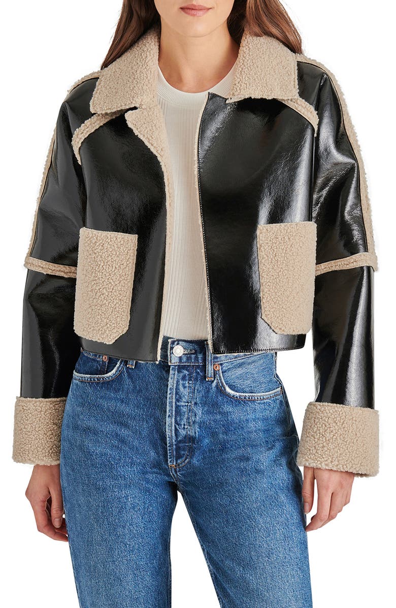 Steve Madden Salma Faux Leather & Faux Shearling Crop Jacket, Main, color, 