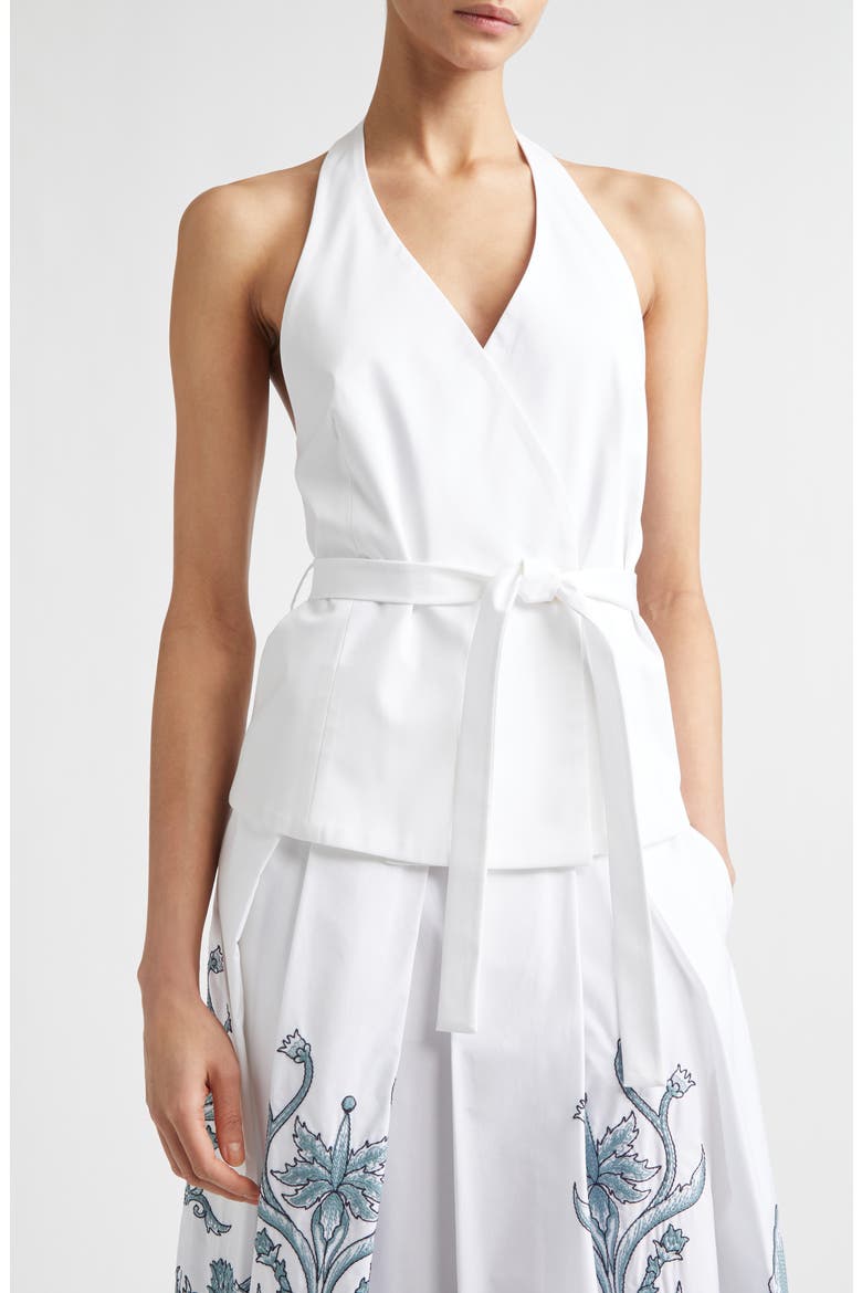 Belted Stretch Cotton & Lyocell Halter Top, Main, color, 01 WHITE