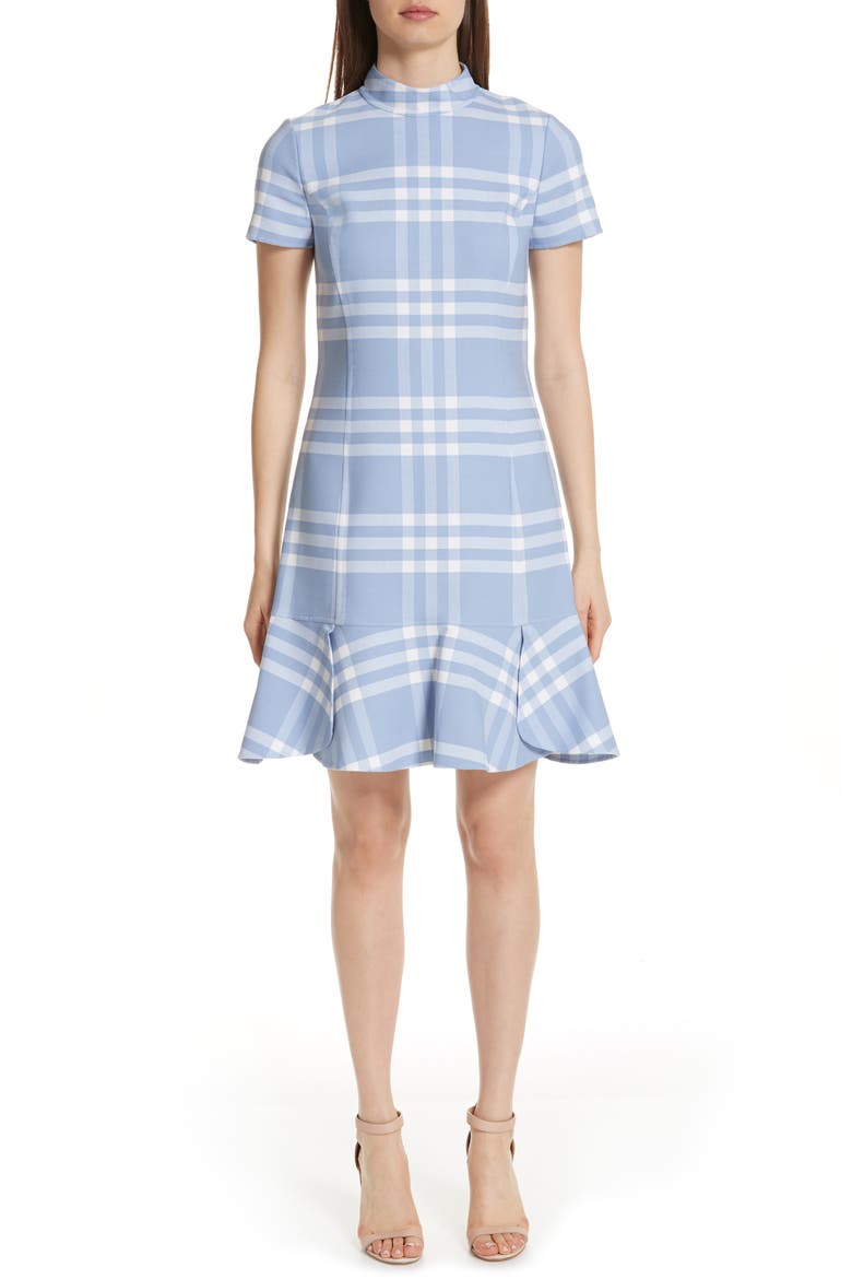 Checkered Ruffle Hem Stretch Wool Dress, Main, color, CORNFLOWER