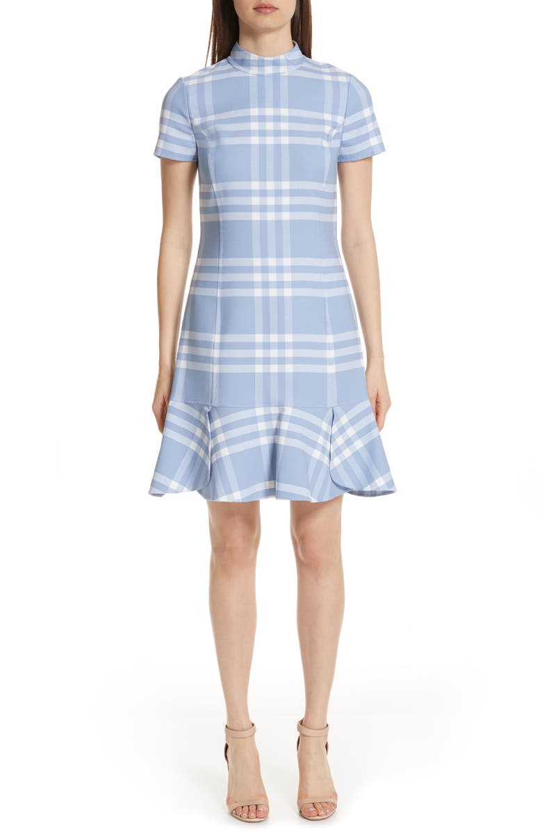Oscar de la Renta Checkered Ruffle Hem Stretch Wool Dress, Main, color, 
