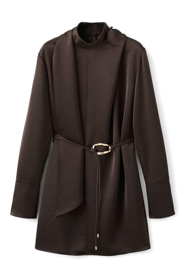 Foulard Long Sleeve Satin Dress, Alternate, color, BROWN