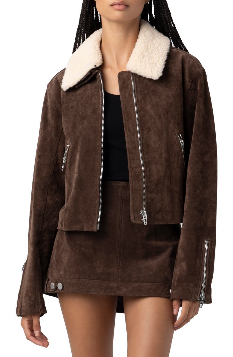 BLANKNYC Suede & Faux Shearling Crop Jacket, Main, color, Down To Earth