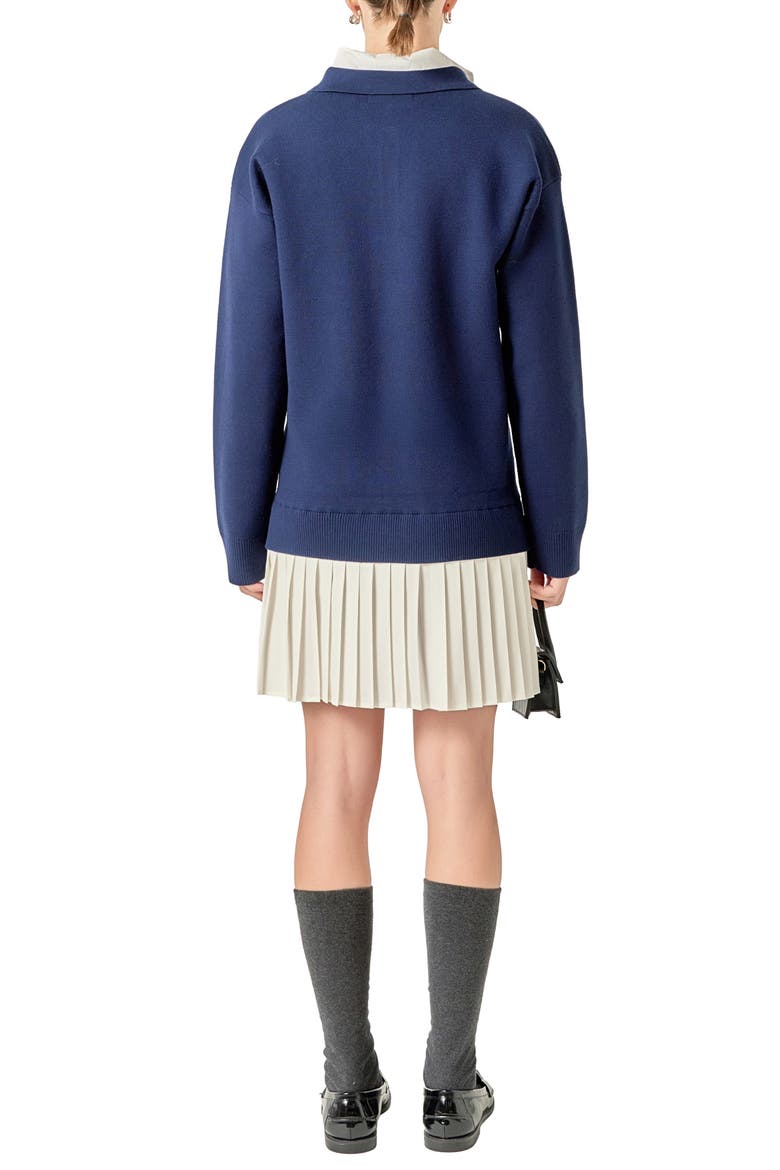 Long Sleeve Mixed Media Polo Minidress, Alternate, color, NAVY/ WHITE