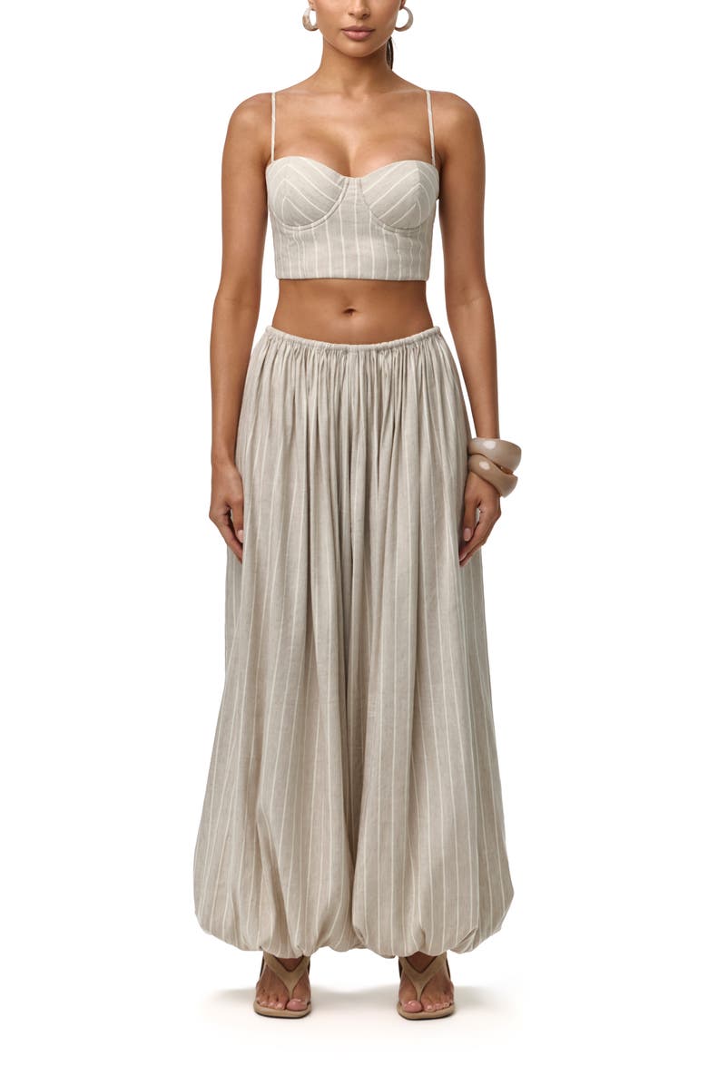 Naked Wardrobe Pinstripe Linen Blend Corset Crop Top, Alternate, color, Taupe Pinstripe