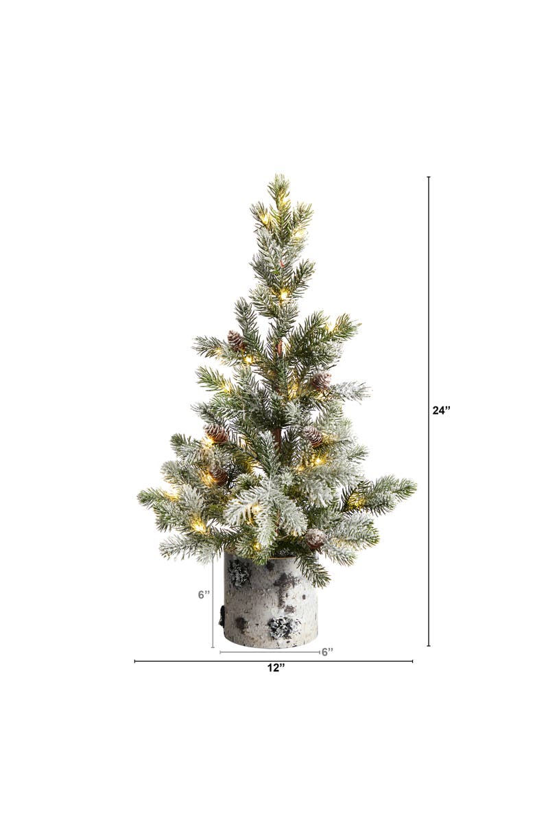 NEARLY NATURAL 24-in Flocked Christmas Artificial Tree in Decorative Birch Bark Planter with 30 LED lights, Alternate, color, Green