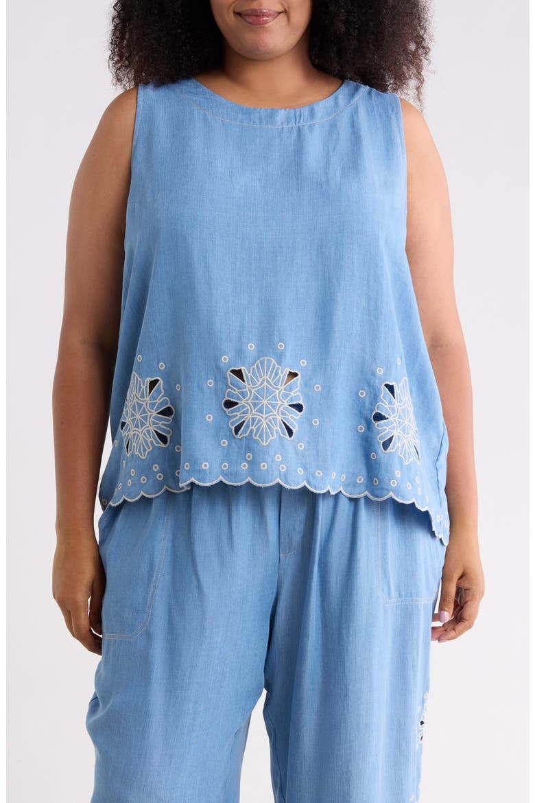 Embroidered Eyelet Hem Chambray Shell, Main, color, WASHED DENIM/ CREAM