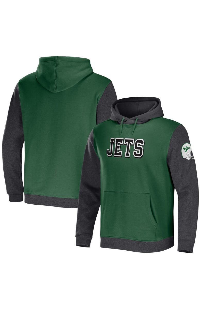 NFL X DARIUS RUCKER Men's NFL x Darius Rucker Collection by Fanatics Green/Heather Charcoal New York Jets Colorblock Pullover Hoodie, Alternate, color, 