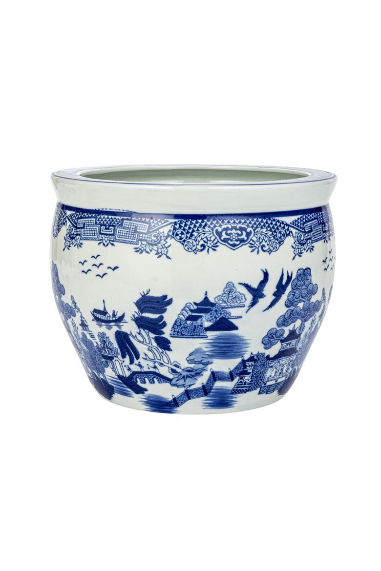 Hand-Painted Stoneware Planter, Blue and White, Main, color, Blue