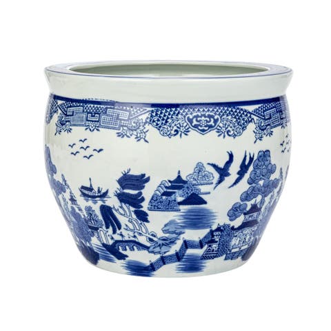 Hand-Painted Stoneware Planter, Blue and White