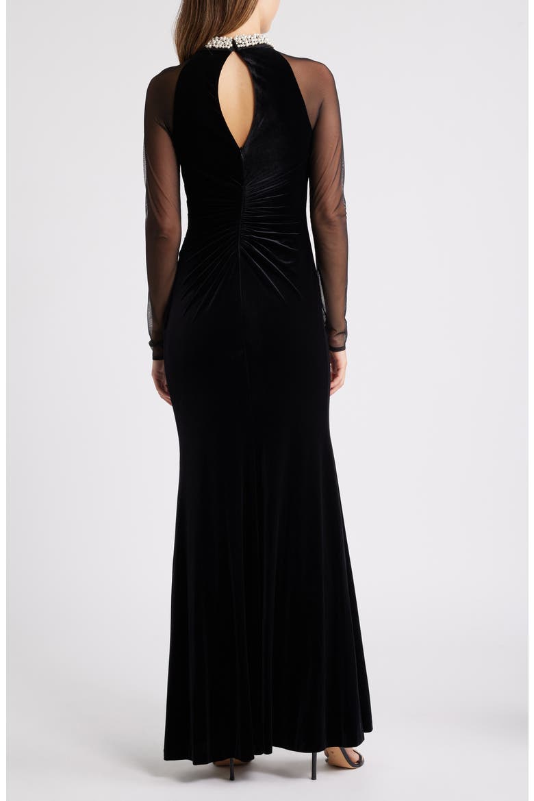 Embellished Ruched Long Sleeve Velvet Gown, Alternate, color, BLACK