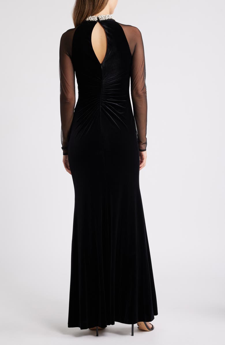 Eliza J Embellished Ruched Long Sleeve Velvet Gown, Alternate, color, Black