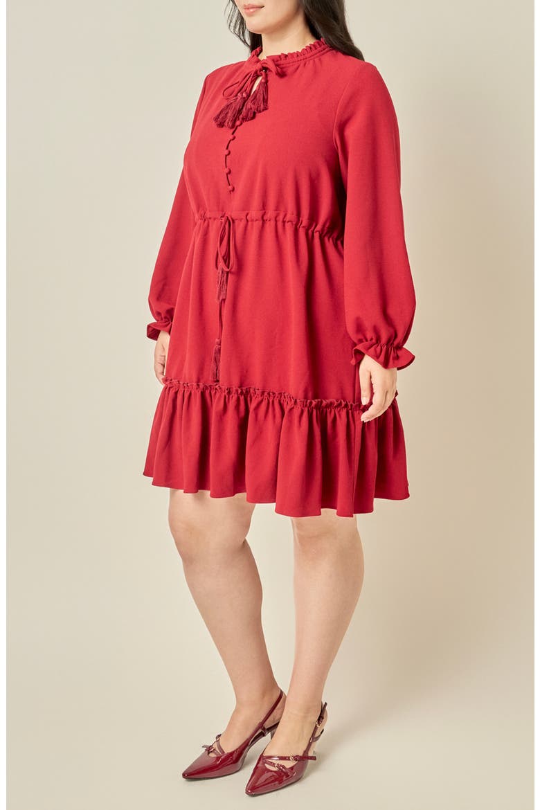 Tassel Trim Ruffle Dress, Alternate, color, BURGUNDY